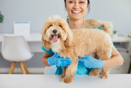 Friendly smiling female veterinary nurse holding cute maltipoo dog on table during medical checkup...