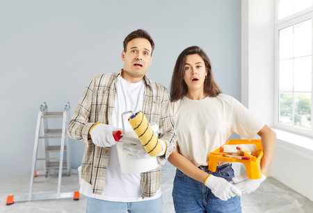 Shocked concerned young couple staring, looking, finding problems with repair in new apartment, home improvement, poor result, service, getting surprising bad news about price, flat qualityの写真素材