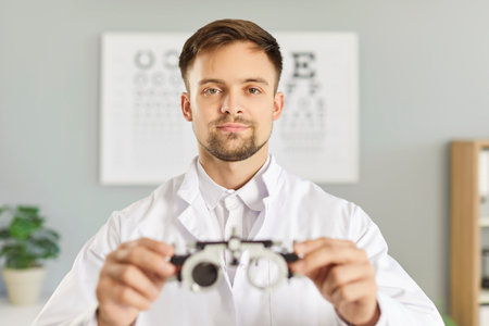 Young male optometrist at work. Portrait of a young man in a white coat holding an optometer, with an eye check chart in the background. Professional optometry, eye health diagnostic conceptの写真素材
