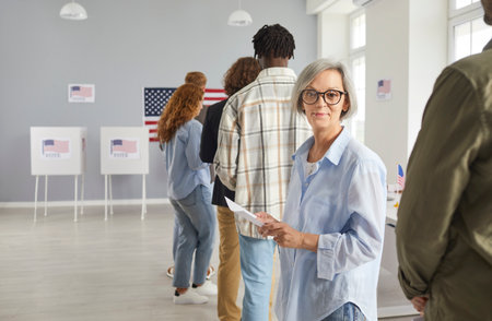 Happy american voter registering at polling station on election day holding ballot paper. Smiling woman standing in a queue among citizens of USA at vote center and looking cheerful at camera.の写真素材