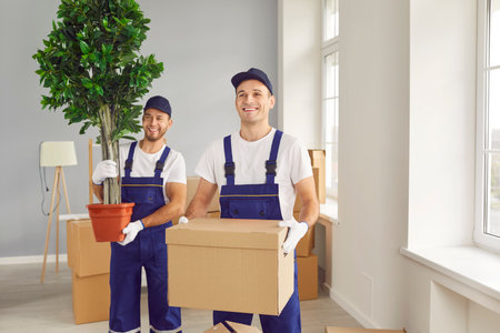 Two young smiling movers with plant and box in moving company clients new house. Caucasian male...