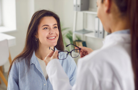 Doctor ophthalmologist, putting glasses on a patient in a clinic. Medical procedure highlights the prescription and fitting of eyeglasses as part of professional eye care and healthcare services.の写真素材