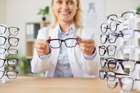 Smiling ophthalmologist holding glasses for vision, blurry. In an optics store, a specialist helps to choose a frame. Concept optician displaying glasses, optical store, medical examinationの写真素材
