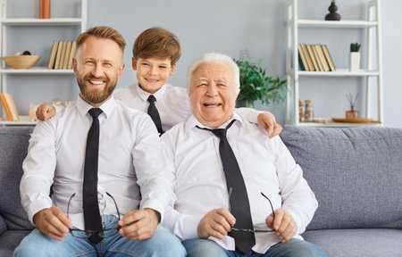 Happy family of three generation men portrait senior grandfather, father, son, cute child grandson...