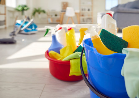 Cleaning company. Close up of bucket with various detergents, rags and washcloths on blurred room background. Tools for cleaning, housekeeping or disinfection of dirt at home. Cleaning concept.の写真素材