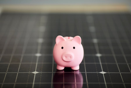 Close up shot of a piggy bank standing on solar panels, symbolizing alternative and renewable energy investments. Finances savings, profit, and the power of sustainable energy solutions.の写真素材