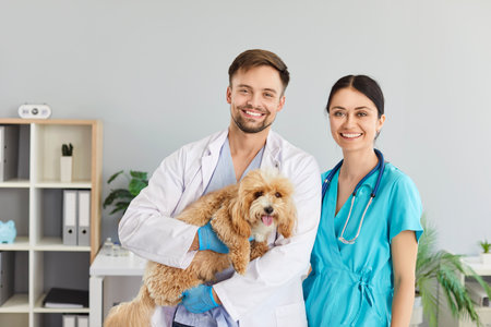 Portrait of a happy smiling veterinarian doctor with nurse in uniform holding dog animal and looking cheerful at camera standing in modern vet clinic. Veterinary aid and care concept.の写真素材