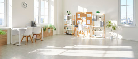 Bright, empty office, workplace or meeting room illuminated by daylight. The clean and modern space for professional business gatherings, conferences, and work in a boardroom environment.の写真素材