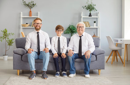 Portrait of a happy father, son, and grandfather sitting on a couch at home. They smile together,...