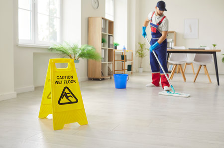 Wet floor sign is placed in the foreground, with a man mopping floors in the office. Cleaning service and staff handling daily office chores for a tidy, safe workspace environment.の写真素材