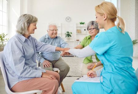 Senior people small group activities for nursing home residents, caring kind nurse, geriatric...