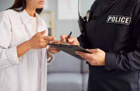 Male police officer interviewing female witness or victim of house burglary. Cropped shot of man in...