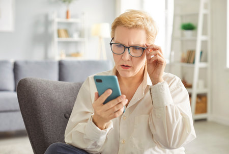 Senior shocked concerned cellphone female user staring at screen, elder woman at home looking at...