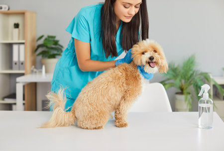 Vet female doctor, veterinarian, veterinary clinic nurse with puppy at examination table, kindly caring for animal pedigree dog, medical treatment, preventative medicine, diagnosis and checks for petの写真素材
