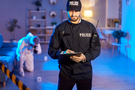 Police officer wears uniform writing in crime reports form, gathering prosecution evidence at crime...