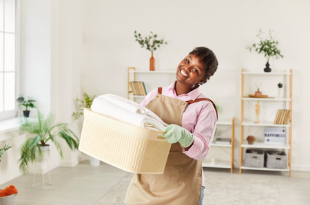 Young happy african american woman housewife holding laundry clothes in basket standing in the living room at home and looking cheerful at camera. Routine washing and housekeeping work concept.の写真素材