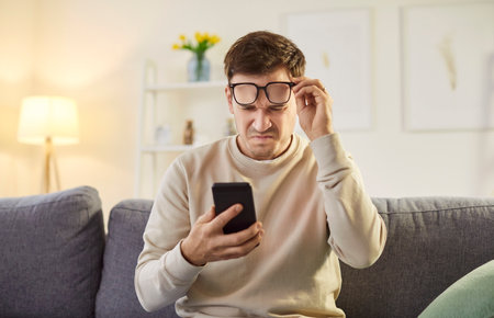 Young man wearing eyeglasses trying to read message on his smartphone having farsightedness eye disease. Male person with presbyopia looking at mobile phone screen. Vision problems concept.の写真素材