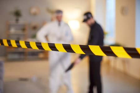 Crime scene at home secured with yellow-black police tape while a criminologist and policeman working together. Detailed investigation ensuring justice, security, and law enforcement efforts.の写真素材