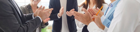 Business people applauding close up, team in celebration or office greeting, close friends showing approval or praise by clapping, productive work, successful coaching, management, result admirationの写真素材