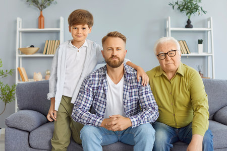 Family of three generation men, senior grandfather, adult father, son, cute child grandson male portrait, sitting on couch in living room looking at camera, together at home at fathers day holidayの写真素材