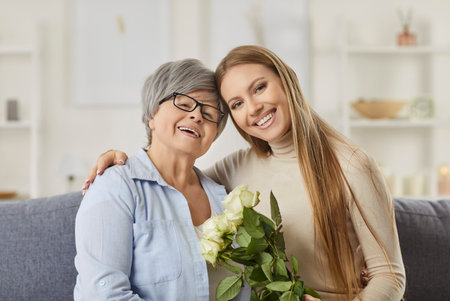 Portrait of a young cheerful woman sitting on sofa with her old happy senior parent mother in living...