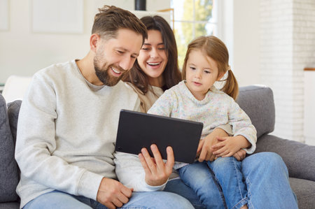 Portrait of a happy young cheerful family tablet with little cute child girl sitting on sofa at home. Mother and father enjoying weekend with daughter. Family leisure and technology concept.の写真素材