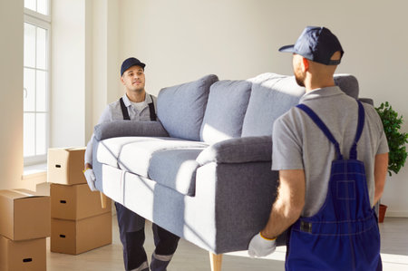 Young mover men service sofa furniture moving, individual, company workers carry, load possessions, boxes, from one house to another, workmen wearing uniform helping change residence packingの写真素材