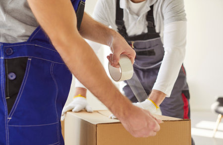 Cropped photo of young men workers packing cardboard box with adhesive tape planning to move to new apartment. Movers male team of moving service working in overalls. Relocation conceptの写真素材