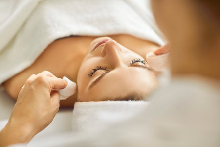Close up shot of woman getting facial treatment at professional beauty parlor or spa salon. Qualified beautician uses cotton discs with micellar water to remove makeup from skin. Cosmetology conceptの写真素材