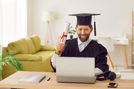 Happy man in student cap and gown sitting at table at home, holding paper diploma scroll, using notebook PC, attending graduation video conference, looking at screen and smiling. Online degree conceptの写真素材
