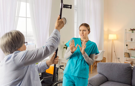 Angry senior patient raising a cane, threatening a doctor or nurse at a nursing home. Tense conflict situation reflecting emotional distress, medical challenges, and caregiving struggles.の写真素材
