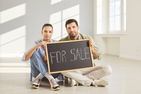Portrait of smiling young couple holding sign with inscription for sale in hands sitting on floor in empty modern apartment. Man and woman selling house preparing to move. Real estate market concept.の写真素材