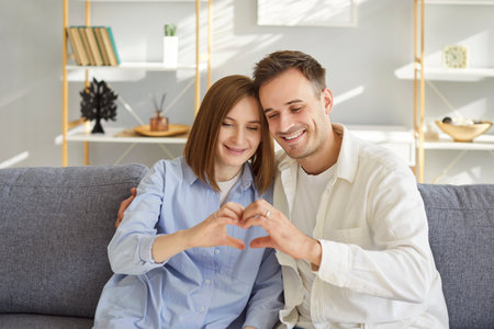 Happy smiling young couple sitting together on sofa in cozy living room, forming heart shape with...