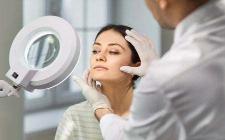 Beautiful cheerful young lady sitting in beauty clinic and having consultation about plastic surgery with a male doctor cosmetologist. Surgeon hands touching woman face examining skin.の写真素材