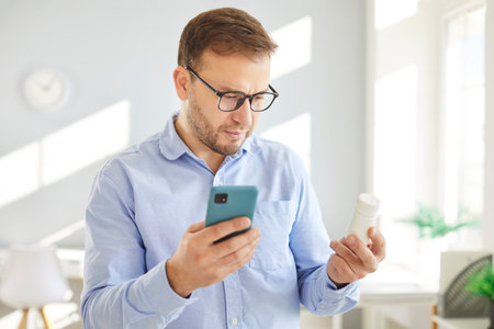 Concerned young man in glasses holding smartphone and medicine bottle in bright room. Worried person reading or searching for information in internet, checking prescription details or side effects.の写真素材