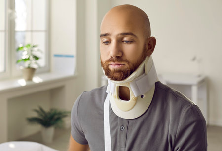 Unwell young Caucasian man with neck collar suffer from back fracture or trauma. Unhealthy injured...