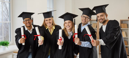 Happy students at graduation event. Joyful mixed race multiethnic male and female college or university graduates in hats and robes standing in classroom, showing diploma scrolls and smiling at cameraの写真素材
