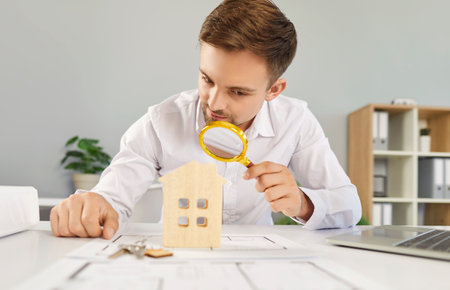 Professional realtor closely examines a house model with a magnifier while conducting real estate market research in the office. This process is key to making informed decisions in property sales.の写真素材