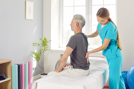 Rehabilitation spine exercise for senior man, old patient, spinal therapy by female physical therapist in medical clinic room on med coach, nurse training back muscle, improving posture body healthの写真素材