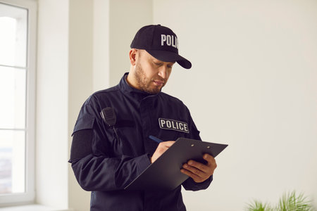 Police officer or detective inspecting a crime scene, possibly a burglary or theft, and writing a report. Law enforcement commitment to thorough investigation and upholding the law.の写真素材