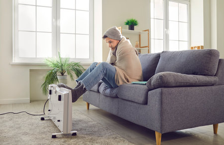 Side view of a young frozen man sitting on sofa in the living room at home wrapped in blanket and trying to warm his feet putting his legs on electric heater. Heating problems concept.の写真素材