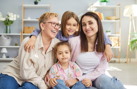 Portrait of happy family generation enjoying spending free time together. Positive grandmother, mother and two children embracing and feeling very glad, have good relationship. Family portraitの写真素材