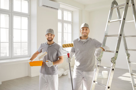 Happy professional painting service, painter team, construction workers wearing uniform doing preparation, finishing task, room color walls, apartment flat renovation, maintenance or office repairの写真素材