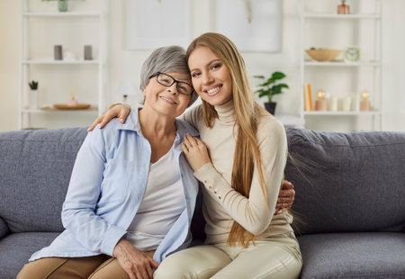 Family portrait of senior woman and her adult daughter posing on comfortable sofa at home, embracing and smile gently, have good relationships. Two generations. Family bonding conceptの写真素材
