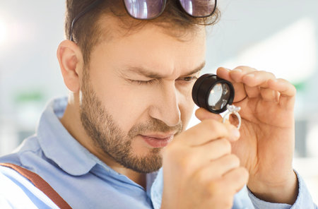 Close up of focused man examining expensive diamond ring through jeweler loupe in studio. Professional appraiser carefully evaluating gemstone value, clarity and quality with attention to details.の写真素材