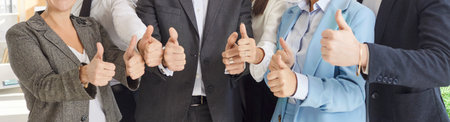 Team agree, approve raising thumbs up close up, showing general support, acceptance, recognition to company, service or product, success of teamwork, different people recommend customer trustの写真素材