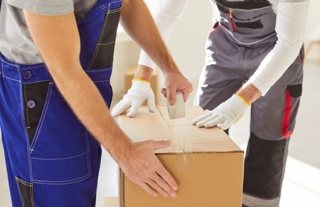 Delivery service men pack using packaging tape, shipping specialists transporting cardboard boxes, movers service unloading and removing things for moving company working, helpingの写真素材