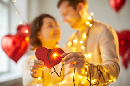 Young cheerful couple holding red heart in hands looking at each other standing in living room at home. Happy man and woman in love. Romantic, relationship and Valentines day concept.の写真素材