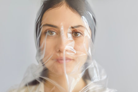 Portrait of beautiful young woman in plastic bag on head looking at camera on gray background. The concept of stop using plastic packaging in the world. Pollution and environmental problems.の写真素材