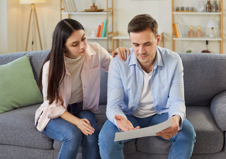 Young couple sitting on sofa and looking through financial documents at home together. Married man and woman checking utility bills, counting income and profit planning family budget.の写真素材
